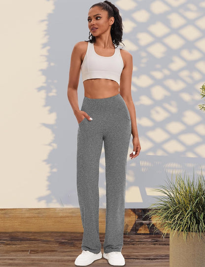 VOOVEEYA Yogahosen für Damen mit Taschen, gerade geschnittene Hose mit weitem Bein, hochtaillierte Business-Hose, petite/regulär//lang