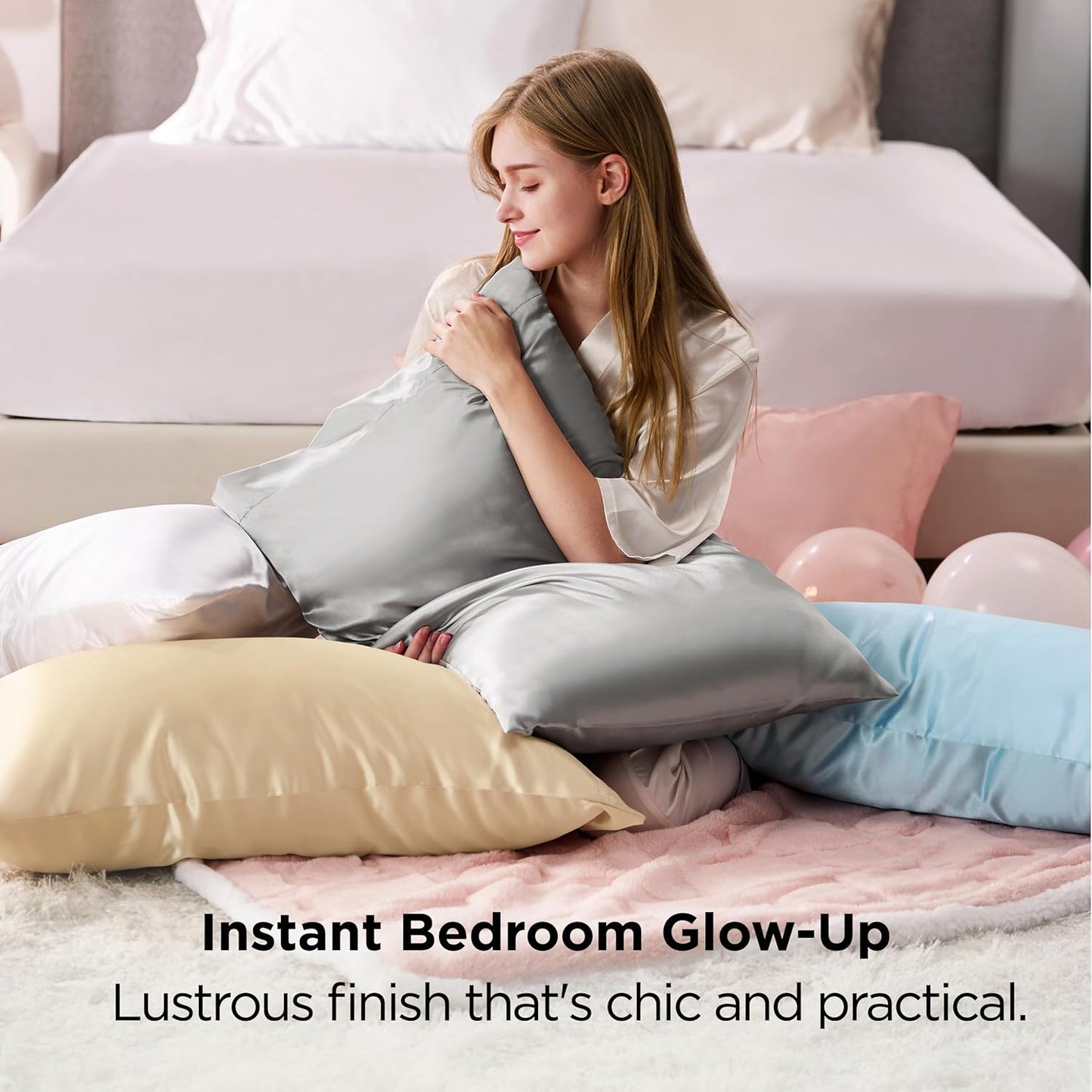 Bedsure Satin-Kissenbezug, Queen-Size, 2er-Pack, Seidenkissenbezügen ähnlich, seidige Kissenhüllen mit Hotelverschluss, Raumdeko, Valentinsgeschenke für Frauen und Männer, Grau, 50x75 cm