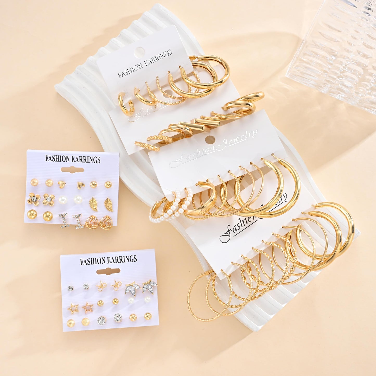 42 Paar goldene Creolen für Damen, Modisches klobiges Perlenohrring-Multipack, gedrehter Statement-Ohrring-Pack, hypoallergene kleine große Creolen für Geburtstagsfeiern (Gold-42 Paare)
