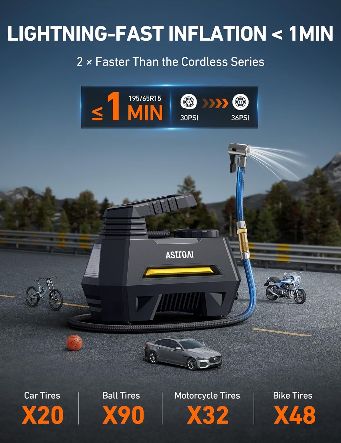 AstroAI Tire Inflator Portable Air Compressor Tire Air Pump for Car Tires - Car Accessories, 12V DC Auto Pump with Digital Pressure Gauge, Emergency LED Light for Bicycle, Balloons, Yellow