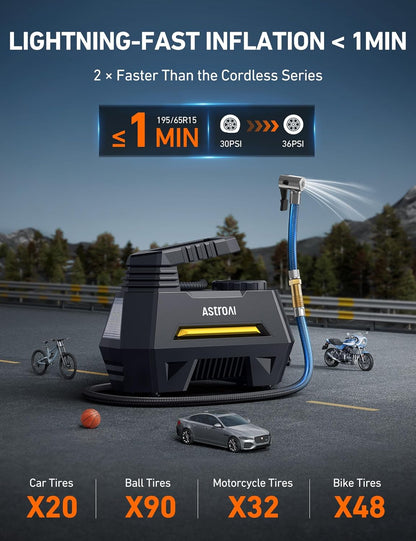 AstroAI Tire Inflator Portable Air Compressor Tire Air Pump for Car Tires - Car Accessories, 12V DC Auto Pump with Digital Pressure Gauge, Emergency LED Light for Bicycle, Balloons, Yellow