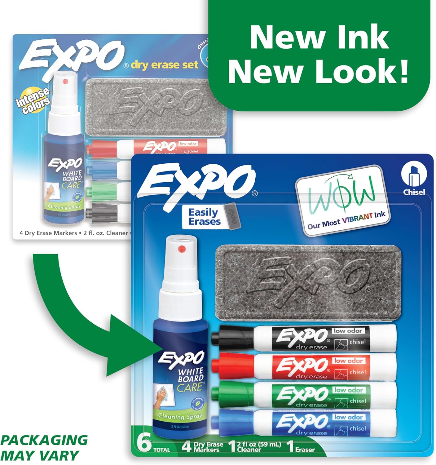 EXPO Whiteboard-Marker-Set, Keilspitze, verschiedene Farben, Radiergummi, Sprühreiniger, 6 Stück