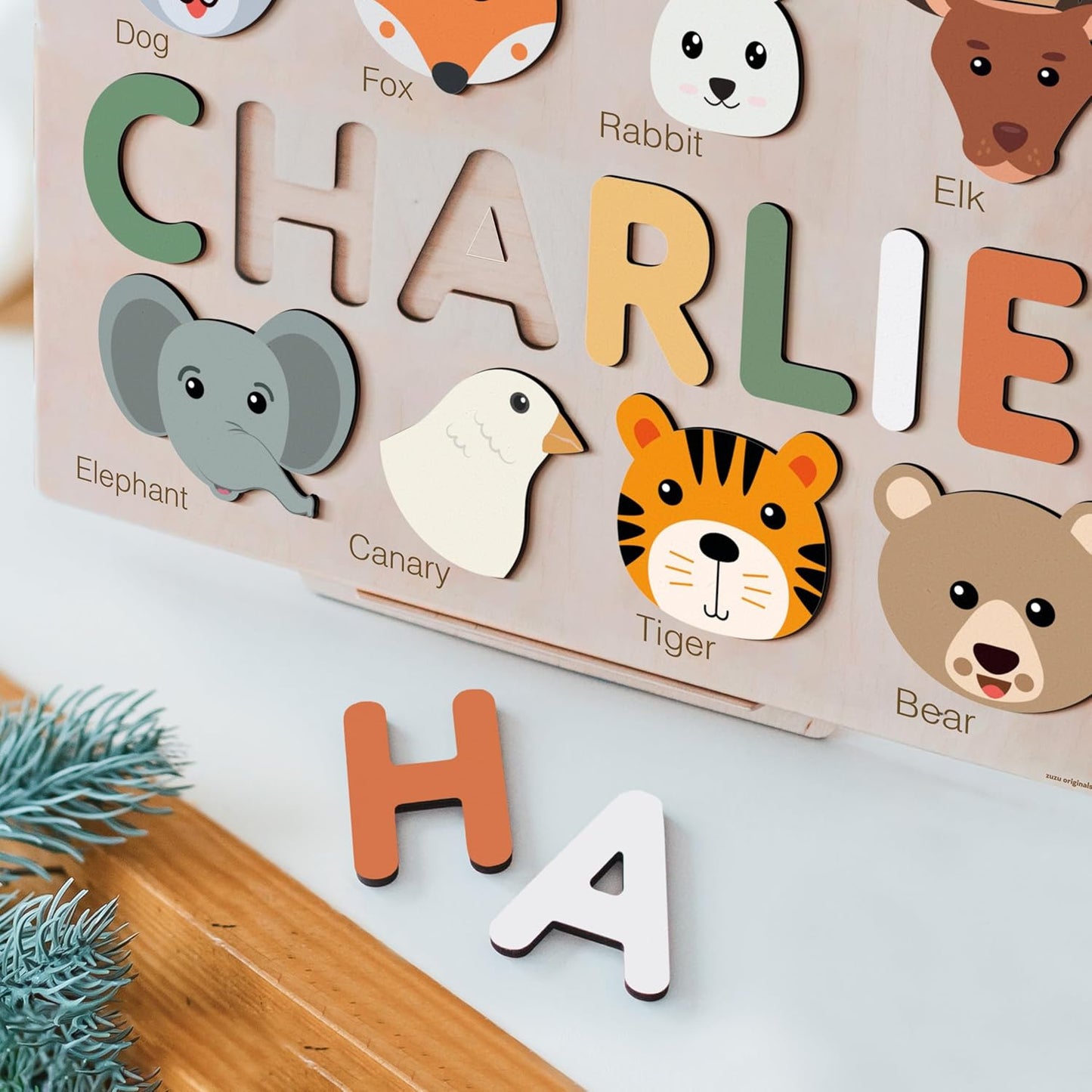 Zuzu Puzzle Personalized Name Puzzle for Toddlers 1-3 | Safari, Farm & 12 Themes | Handmade Wooden Montessori Toy, Keepsake Nursery Decor & Perfect 1st Birthday Gift for Boy Girl