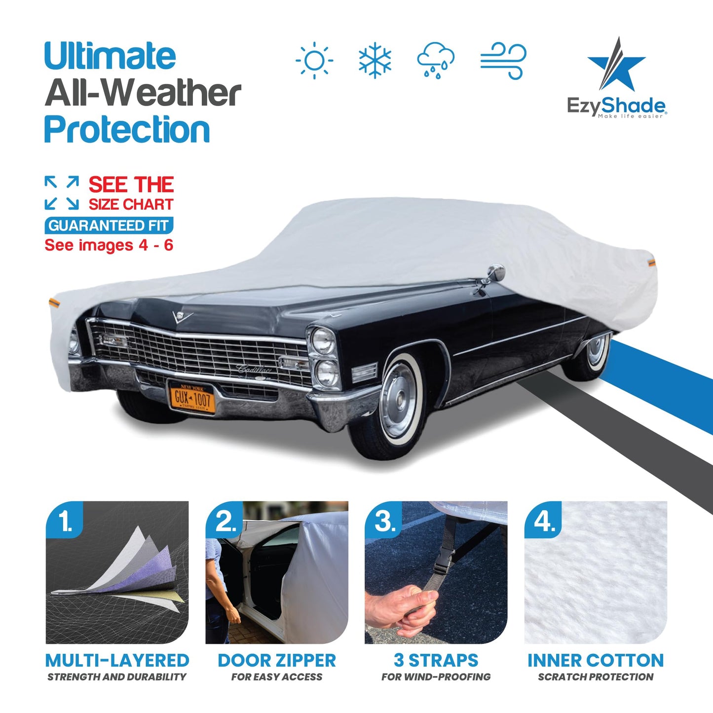 EzyShade 10-Schicht Autoabdeckung Wasserdicht Allwetter - Siehe Fahrzeug-Größentabelle - Autoabdeckungen für Automobile & Auto Schneeabdeckung - Komplette Außenabdeckungen - Winter Regen Sonne SUV Limousine. Größe A4 (Siehe Größentabelle)