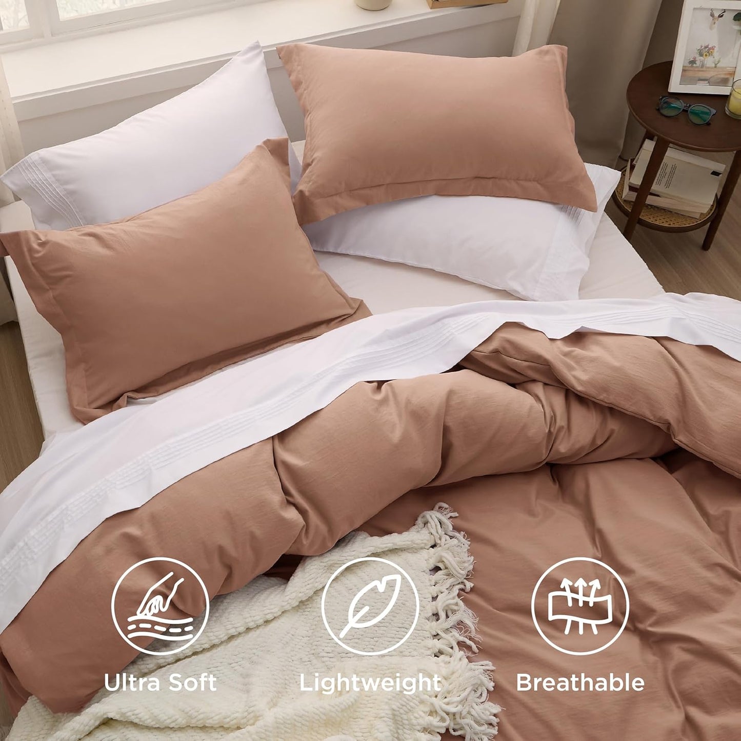 Funda nórdica blanca Bedsure, tamaño Queen, 3 piezas, aspecto de algodón prelavado, juego de cama extrasuave, incluye 1 funda nórdica de 228 x 228 cm con cierre de cremallera y 2 fundas de almohada, edredón no incluido