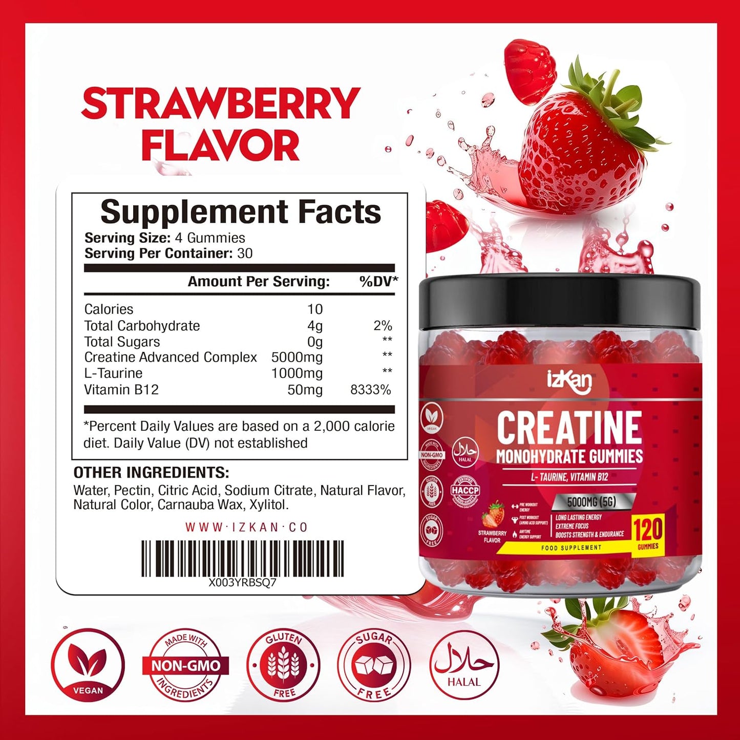 Pro Creatine Monohydrate Gummies 5g for Men & Women - 120 Chewable Creatine Gummies Strawberry Flavoured Gym Pre Workout Gym Supplement Vegan (2)