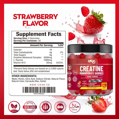 Pro Creatine Monohydrate Gummies 5g for Men & Women - 120 Chewable Creatine Gummies Strawberry Flavoured Gym Pre Workout Gym Supplement Vegan (2)