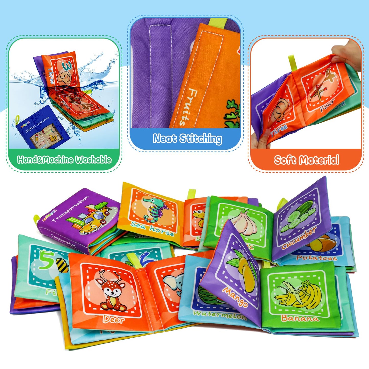 Dr.Rapeti Stoffbücher Babybücher Badebücher 6er-Pack für Babys Kleinkinder Kinder Raschelnd Quietschend Waschbar Beißfest Ungiftig Frühpädagogisch Geschenkbar