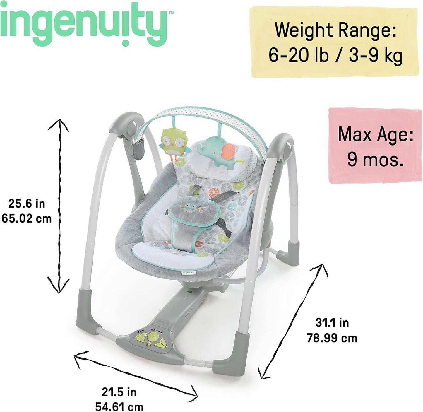 Ingenuity ConvertMe 2-in-1 Kompakte tragbare automatische Babyschaukel & Babysitz, batteriebetriebene Vibrationen, Naturgeräusche, 0-9 Monate 2,7-9 kg (Raylan)