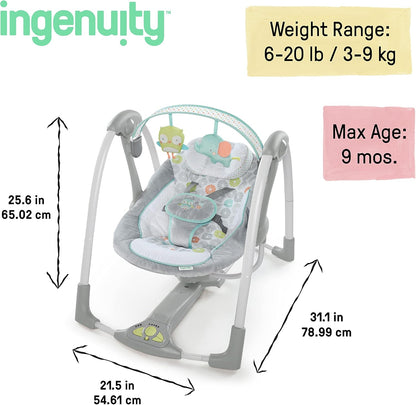 Ingenuity ConvertMe 2-in-1 Kompakte tragbare automatische Babyschaukel & Babysitz, batteriebetriebene Vibrationen, Naturgeräusche, 0-9 Monate 2,7-9 kg (Raylan)