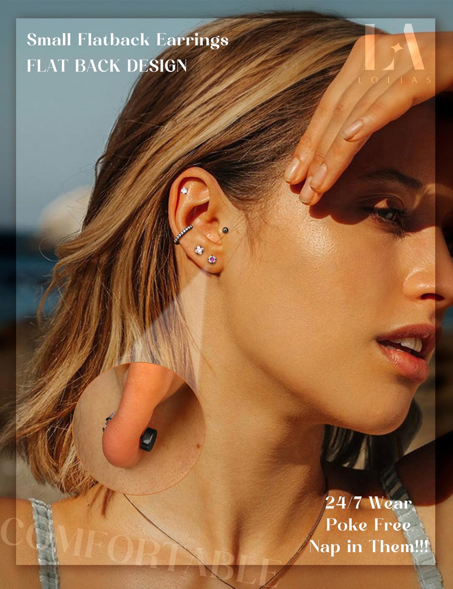 LOLIAS Hypoallergenic Flat Back Earrings for Women-Surgical Steel Earrings for Sensitive Ears 20G Stainless Steel Earring Stacks Small Flatback Stud Hoop Cartilage Earring