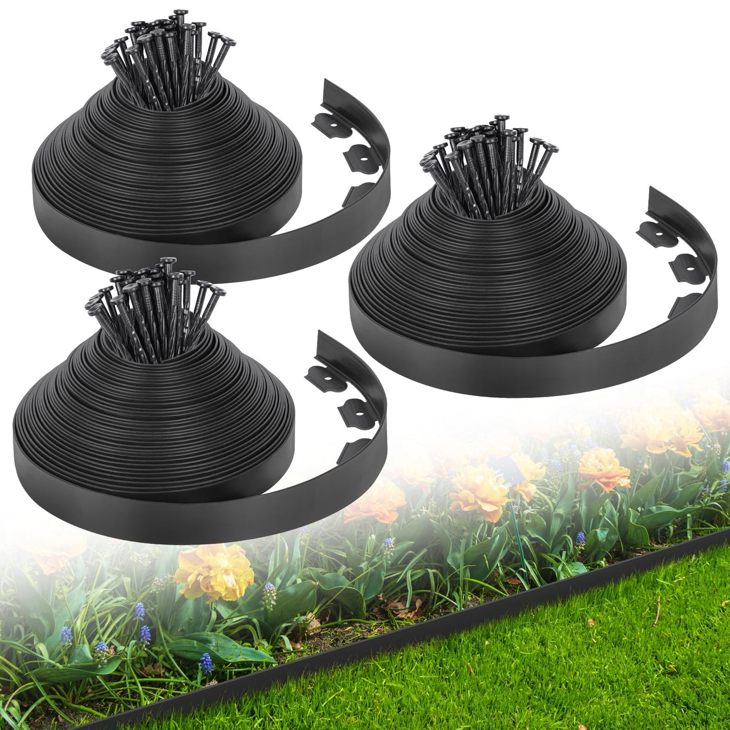 2-Inch x 100 FT Landscape Edging Border with 150 Stakes, Plastic Edging for Landscaping Garden Edging Border, Flexible Landscaping Edging for Garden Flower Beds Yard Lawn Pathway Paver (Black)