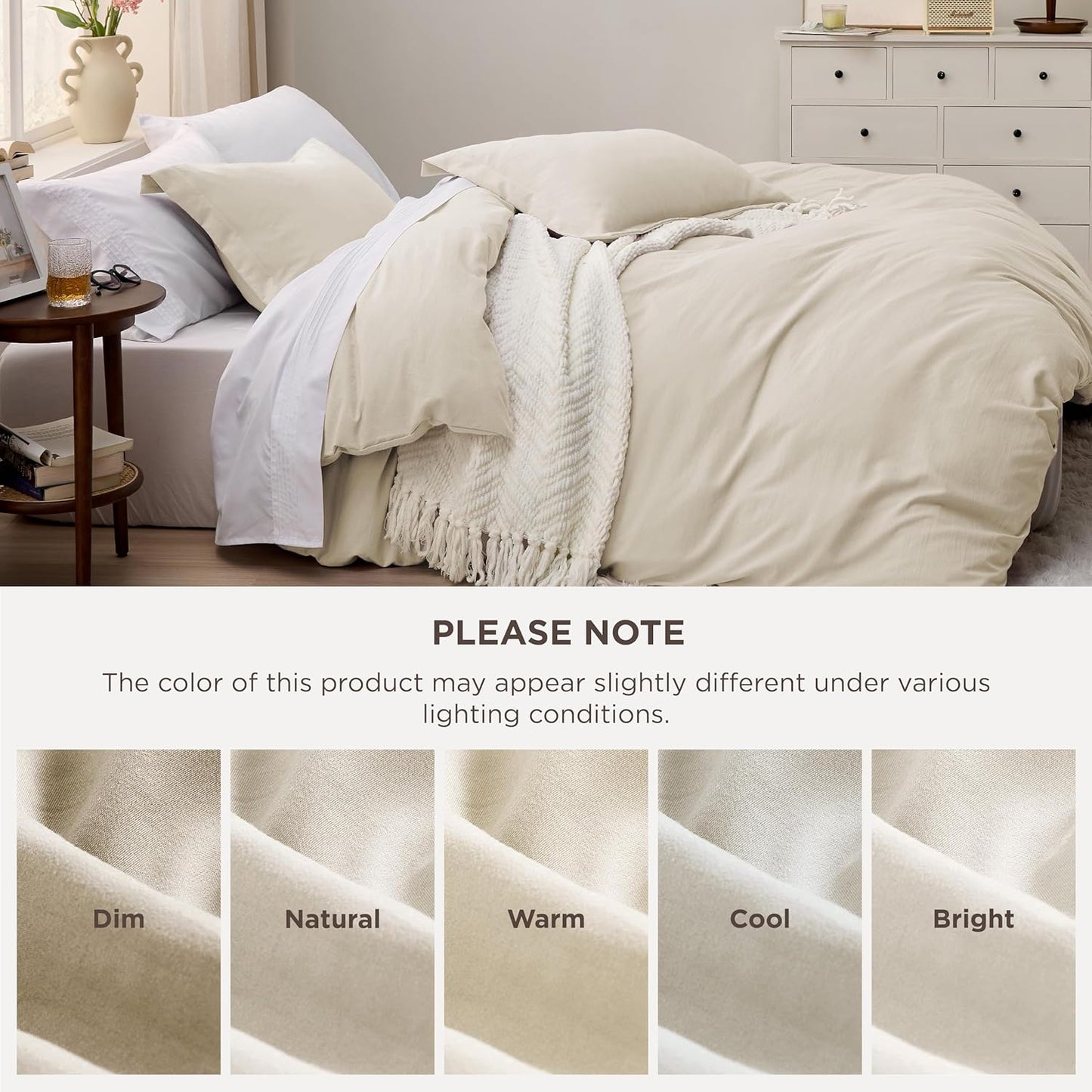 Funda nórdica blanca Bedsure, tamaño Queen, 3 piezas, aspecto de algodón prelavado, juego de cama extrasuave, incluye 1 funda nórdica de 228 x 228 cm con cierre de cremallera y 2 fundas de almohada, edredón no incluido