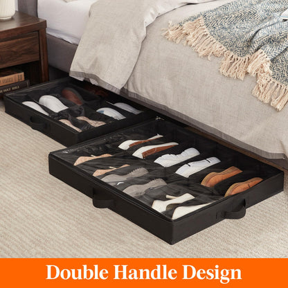 Lifewit Under Bed Shoe Storage Organizer 2 Pack(12 Shoes Cells), 4.3 Inches Profile Fabric Shoes Container Box with Clear Cover, Foldable Storage Bag with 2 Handles, Fits 12 to 24 Pairs