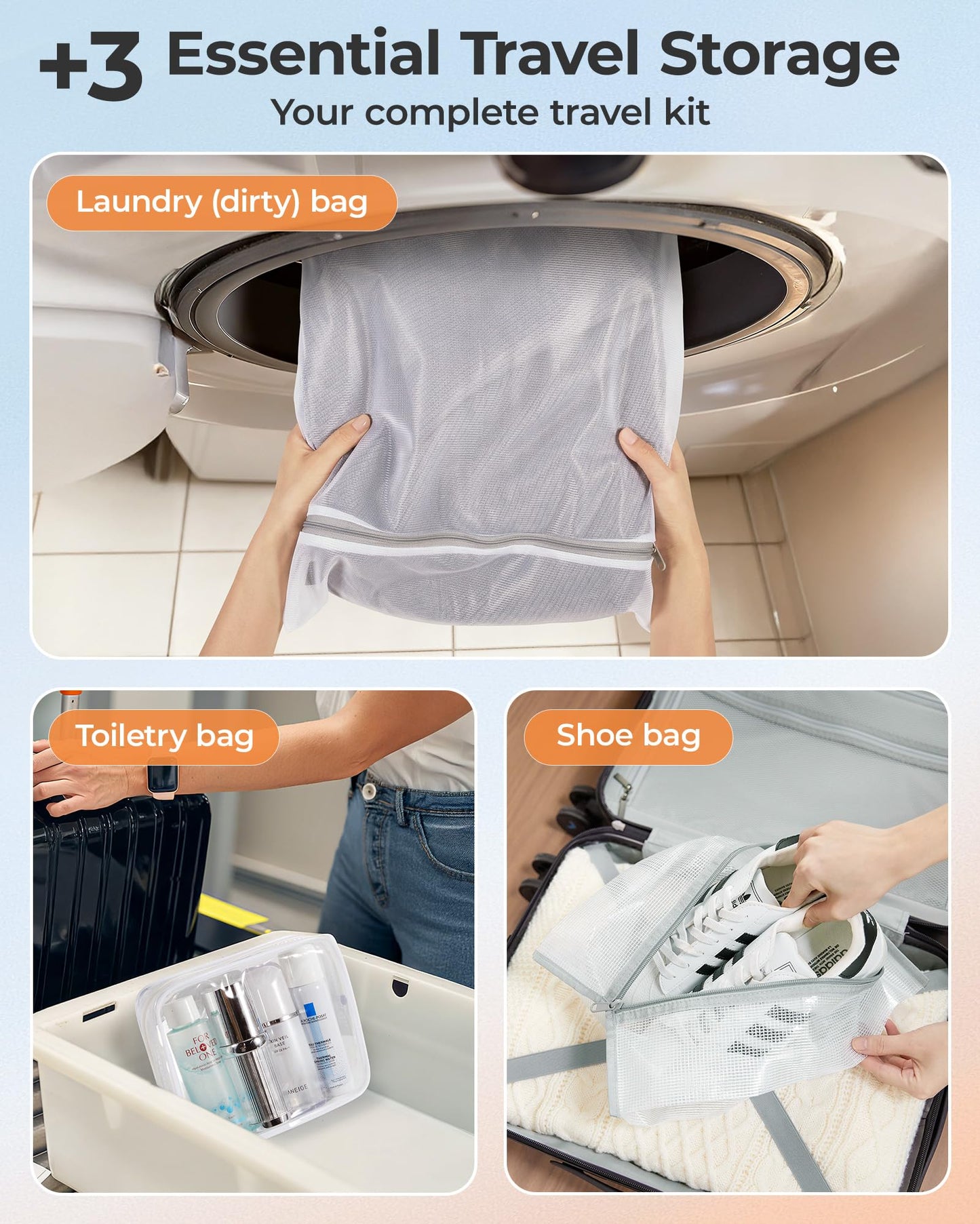 BAGSMART Vacuum Seal Storage Bags for Clothing Travel, 18 Pack Travel Essentials Bundle includes Laundry Bag & Waterproof Shoe Bag & TSA Approved Toiletry Bag, Hand Pump Included