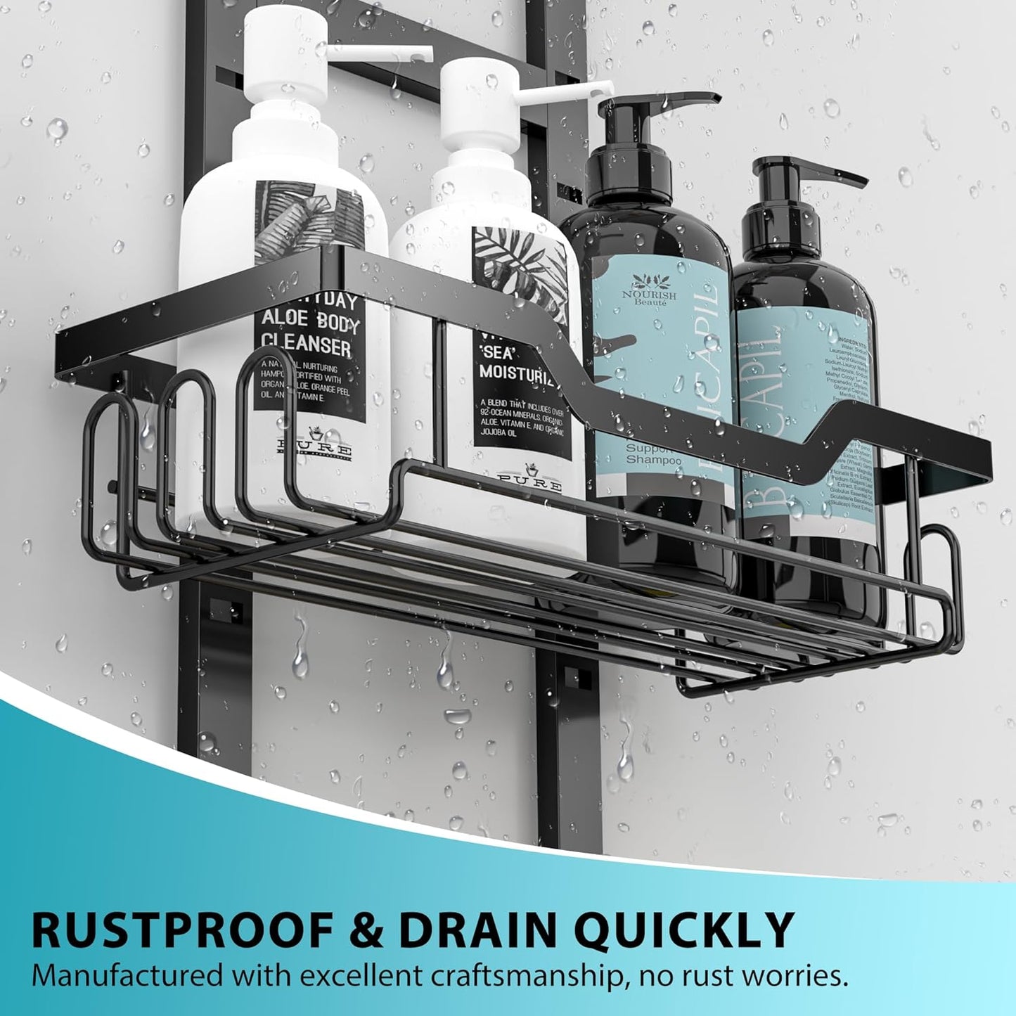 Moforoco Shower Caddy Shelf Organizer Rack, Self Adhesive Black Bathroom Shelves Basket, Home Farmhouse Wall Shower Inside Organization and Storage Decor Rv Accessories, First Apartment Essentials