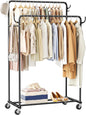Clothes Rack, Rolling Clothing Rack with Double Rods for Hanging Clothes, Portable Garment Rack with Wheels, Metal Wardrobe Closet Organizer for Bedroom and Laundry Room