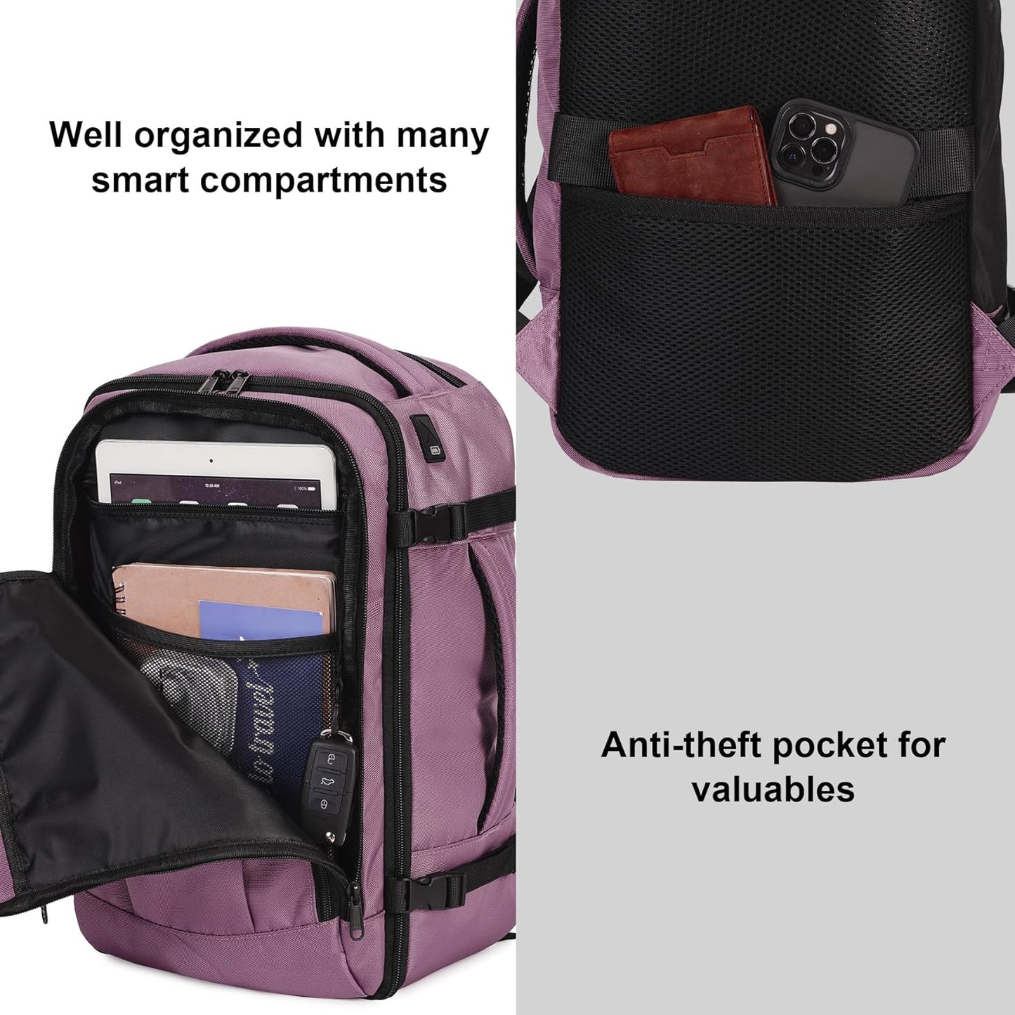ECOHUB 16'' Reise-Rucksack Handgepäck Unterseat-Rucksack Persönlicher Gegenstand Flugzeug-Reisetasche mit 13 Taschen Handgepäck Flaschenhalter USB-Ladeanschluss Casual Daypack für Frauen Männer Schwarz