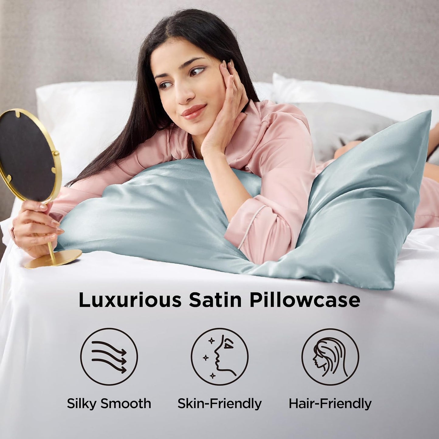 Bedsure Satin-Kissenbezug, Queen-Size, 2er-Pack, Seidenkissenbezügen ähnlich, seidige Kissenhüllen mit Hotelverschluss, Raumdeko, Valentinsgeschenke für Frauen und Männer, Grau, 50x75 cm