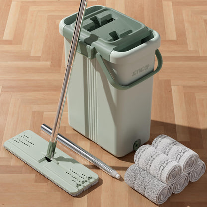 JOYMOOP Wischmopp und Eimer mit Auswringsystem, Freihand-Flachmopp und Eimer, mit 3 waschbaren Mikrofaserpads, Nass- und Trockengebrauch, Bodenreinigungssystem