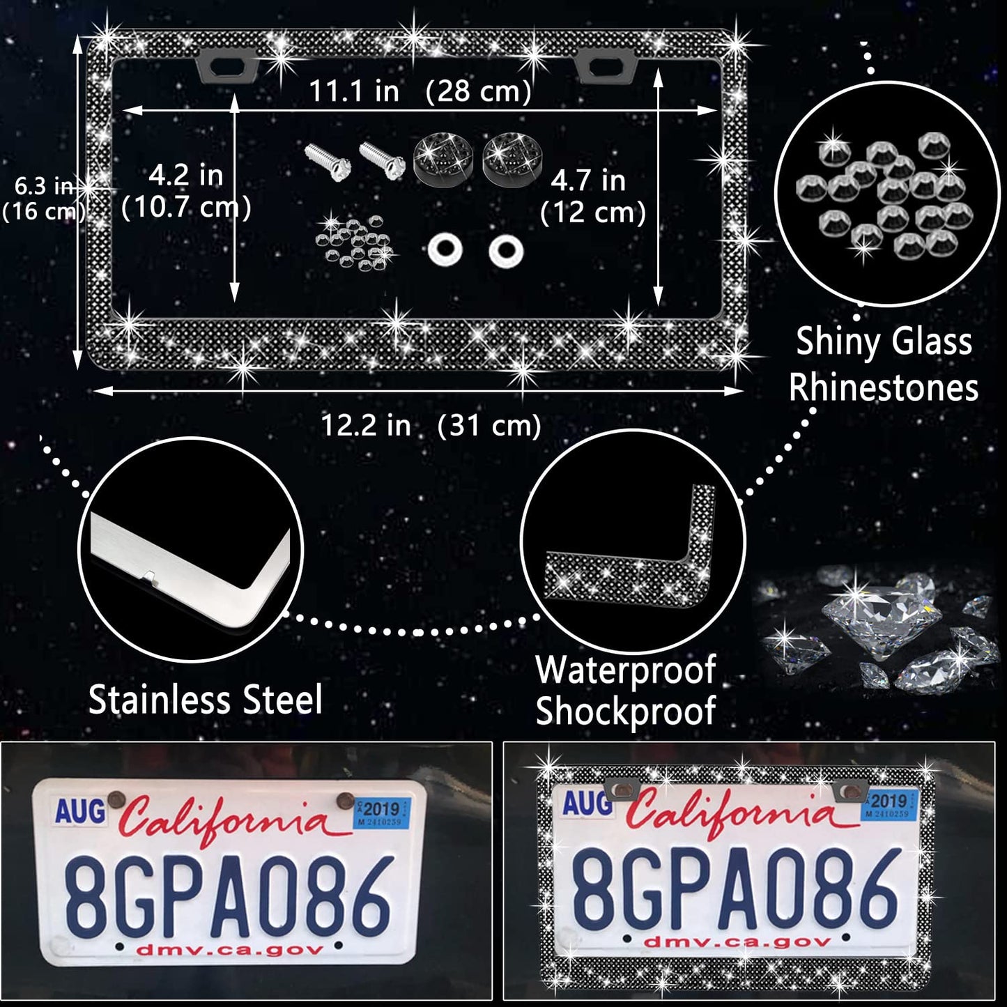 NBTEPEM 27-Piece Bling Car Accessories Set - Universal Fit Steering Wheel Covers, License Plate Frames, Phone Holder, Car Fast Charger, Coasters (Pink)