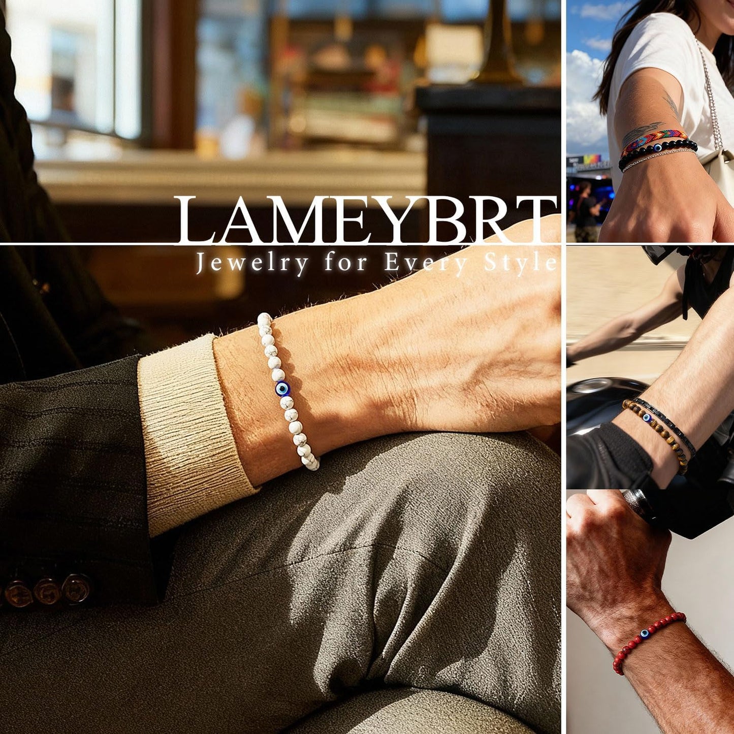 6 mm Böses Auge Armband aus schwarzen Kristallen – verstellbares Set aus Natursteinen für Herren und Damen, Schutzamulett als Geschenk für den Alltag/Geburtstag/Jahrestag