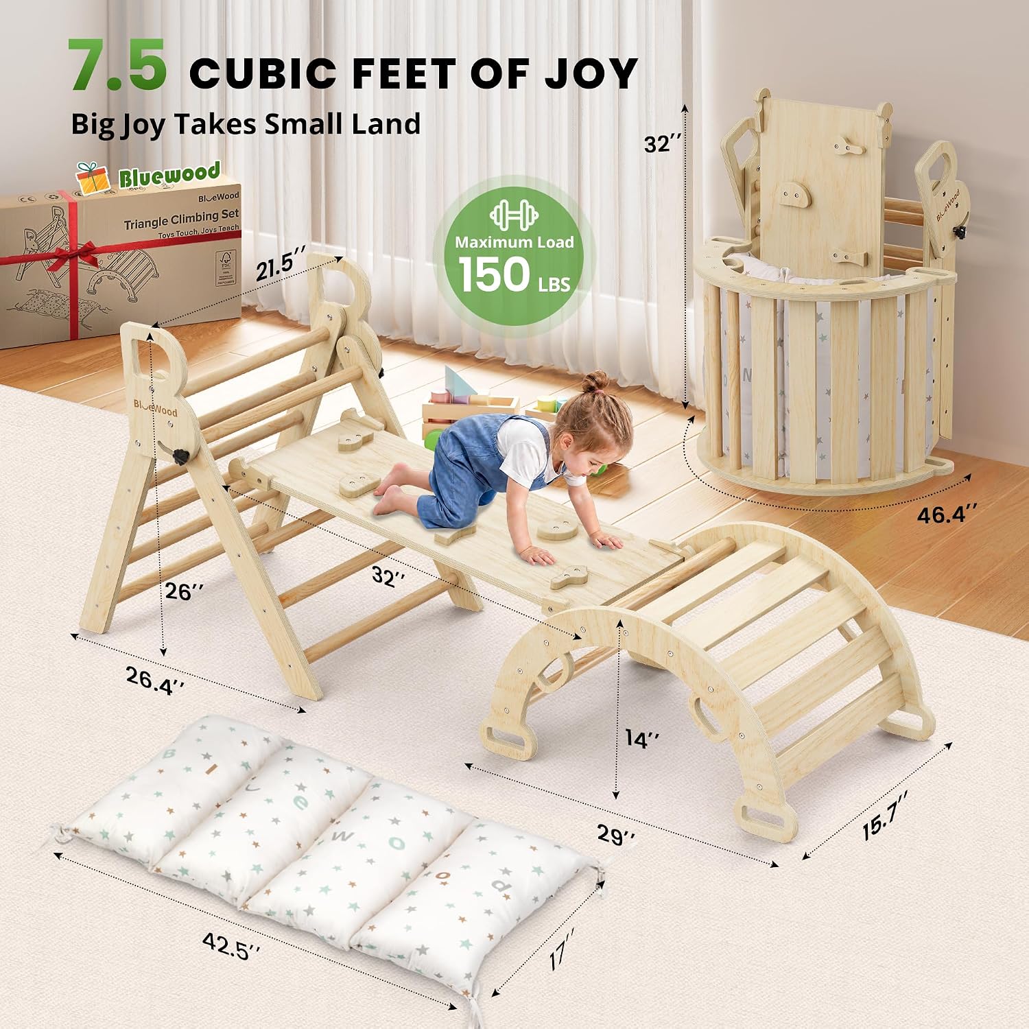 BlueWood Pikler Triangle Set with Cushion, 8-in-1 Climbing Toys for Toddlers, Montessori Philosophy Play Jungle Gym with Arch, Ramp, Ladder(Natural Wood)