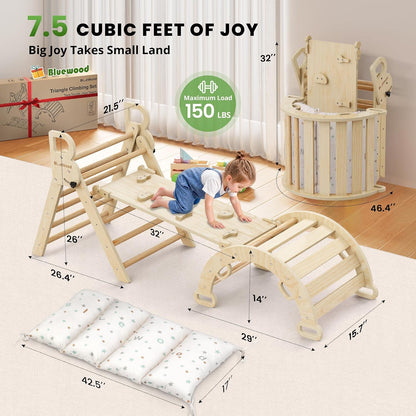 BlueWood Pikler Triangle Set with Cushion, 8-in-1 Climbing Toys for Toddlers, Montessori Philosophy Play Jungle Gym with Arch, Ramp, Ladder(Natural Wood)