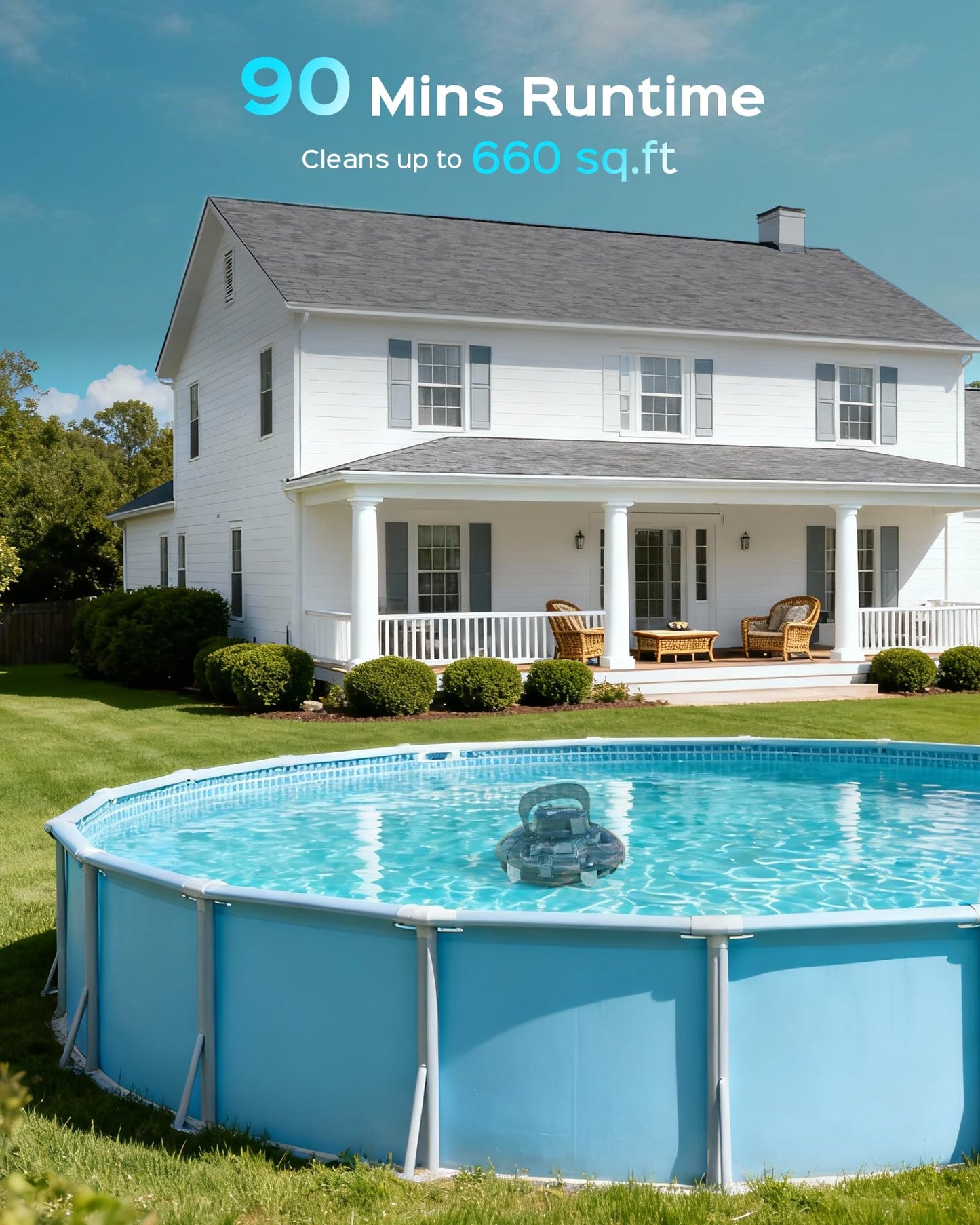 (2026 Upgrade) Cordless Pool Vacuum for Above Ground Pool, Automatic Pool Cleaner Robot Cleaning Up to 660 sq.ft, Dual-Layer Filtration, 90 Mins Runtime, Self-Parking, with Hook (Light Tinted Black)