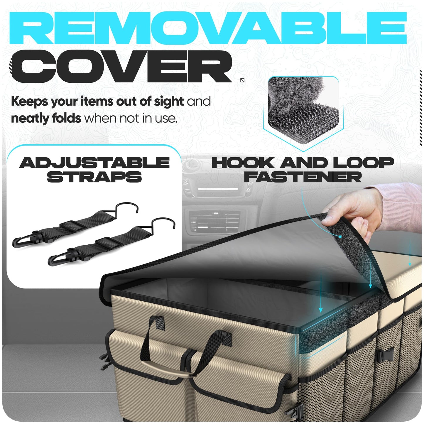 FORTEM Car Trunk Organizer, Collapsible Multi Compartment Car Organizer, Foldable SUV Storage for Car Accessories for Women Men, Non Slip Bottom, Securing Straps, Soft Cover 50L (Black, Standard)