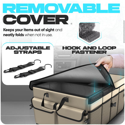 FORTEM Car Trunk Organizer, Collapsible Multi Compartment Car Organizer, Foldable SUV Storage for Car Accessories for Women Men, Non Slip Bottom, Securing Straps, Soft Cover 50L (Black, Standard)