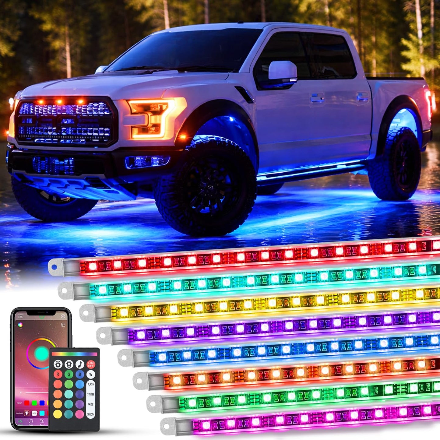 Nilight 4Pcs Car Underglow Neon Accent Strip Lights 252 LEDs RGB 8 Color Sound Active Function Music Mode with Wireless Remote Control Underbody Light Strips for Cars Van SUV Truck