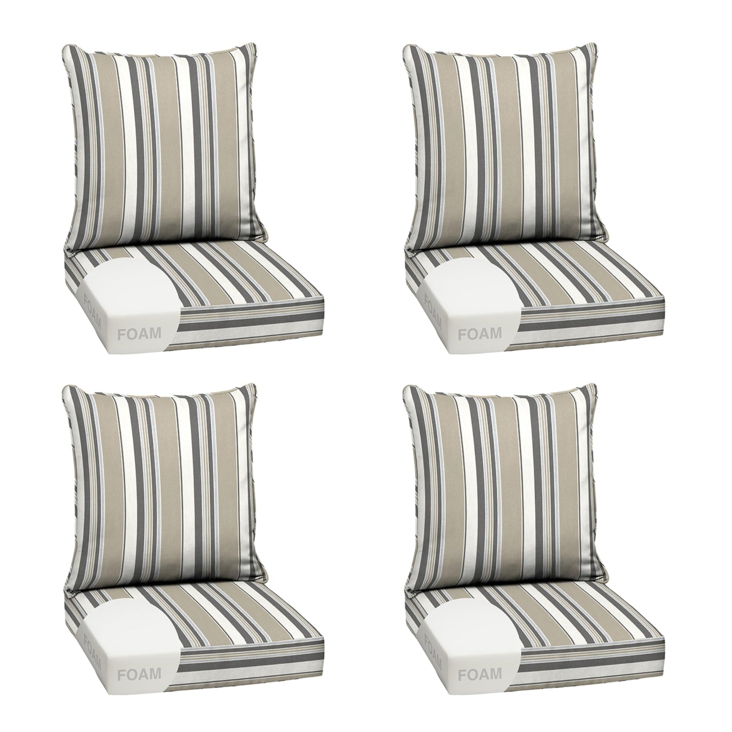 Arden Outdoor Foam Deep Seat Cushions Set, 24x24, Premium High-Density Foam, Never Flattens, Weather-Proof for Patio Chair Sofa Couch, Blue Shibori Stripe