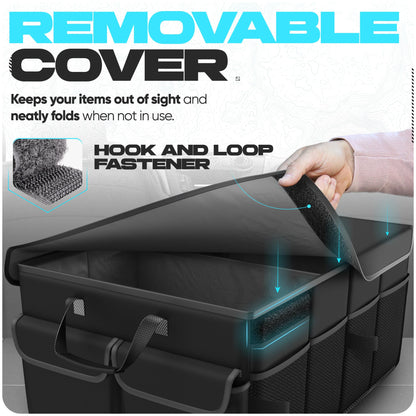 FORTEM Car Trunk Organizer, Collapsible Multi Compartment Car Organizer, Foldable SUV Storage for Car Accessories for Women Men, Non Slip Bottom, Securing Straps, Soft Cover 50L (Black, Standard)