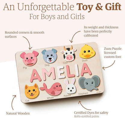 Zuzu Puzzle Personalized Name Puzzle for Toddlers 1-3 | Safari, Farm & 12 Themes | Handmade Wooden Montessori Toy, Keepsake Nursery Decor & Perfect 1st Birthday Gift for Boy Girl