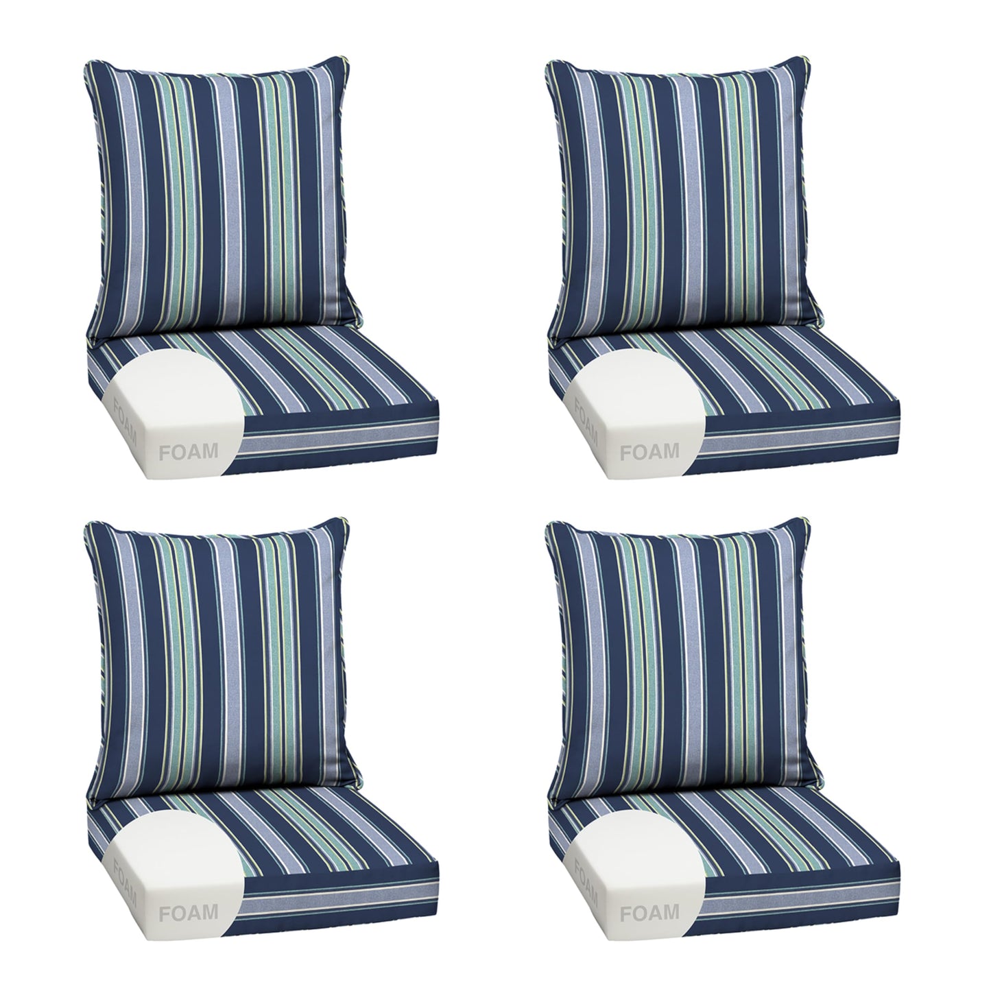 Arden Outdoor Foam Deep Seat Cushions Set, 24x24, Premium High-Density Foam, Never Flattens, Weather-Proof for Patio Chair Sofa Couch, Blue Shibori Stripe