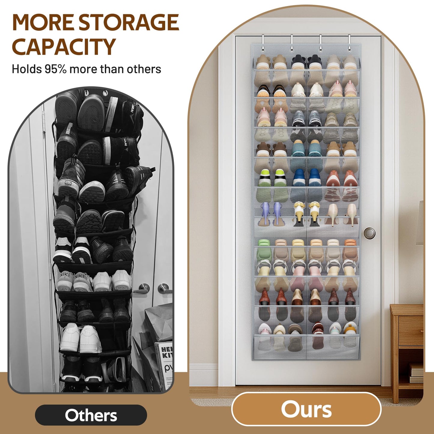 MISSLO 30 Pairs Over the Door Shoe Organizer Breathable Mesh Hanging Shoe Rack for Closet Storage with Wide Deep Pockets 10 Tier Shoes Holder Fit All the Family's Sneakers, Boots, Heels (White, 71")
