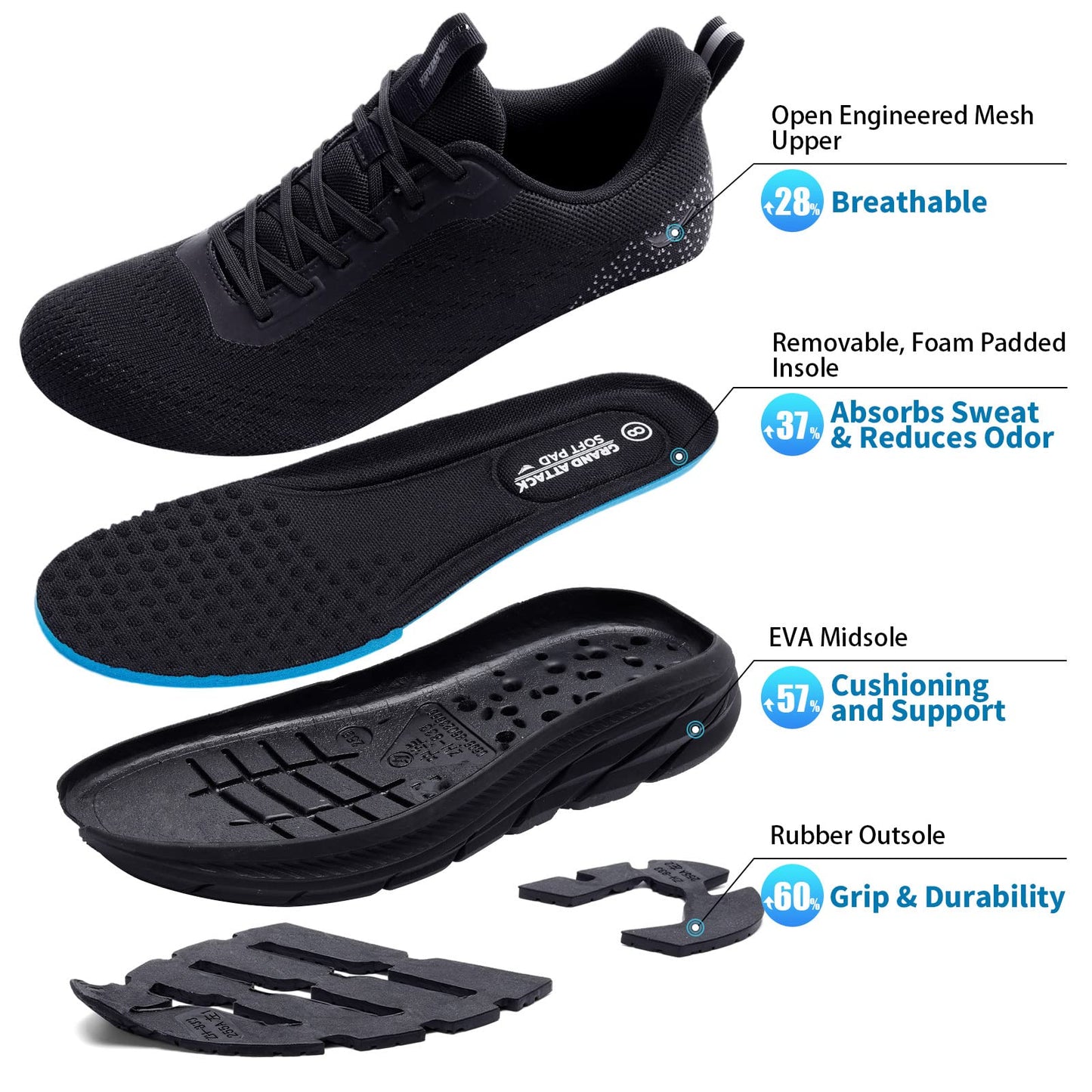 Grand Attack Men's Road Running Walking Shoes | Max Cushioned Comfort | Durable Non-Slip | Breathable Athletic Tennis Cross-Training Sneakers