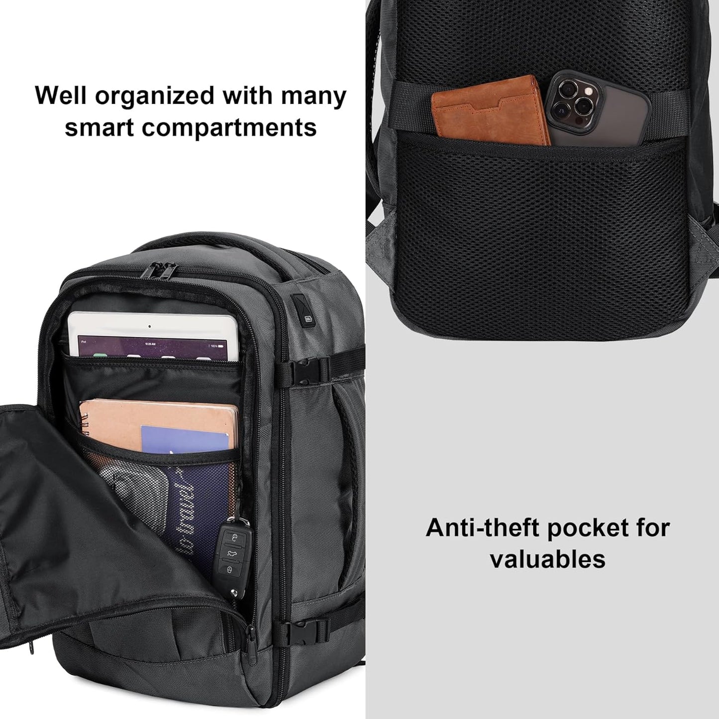 ECOHUB 16'' Reise-Rucksack Handgepäck Unterseat-Rucksack Persönlicher Gegenstand Flugzeug-Reisetasche mit 13 Taschen Handgepäck Flaschenhalter USB-Ladeanschluss Casual Daypack für Frauen Männer Schwarz