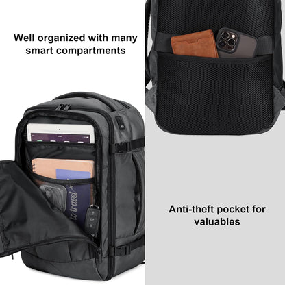 ECOHUB 16'' Reise-Rucksack Handgepäck Unterseat-Rucksack Persönlicher Gegenstand Flugzeug-Reisetasche mit 13 Taschen Handgepäck Flaschenhalter USB-Ladeanschluss Casual Daypack für Frauen Männer Schwarz