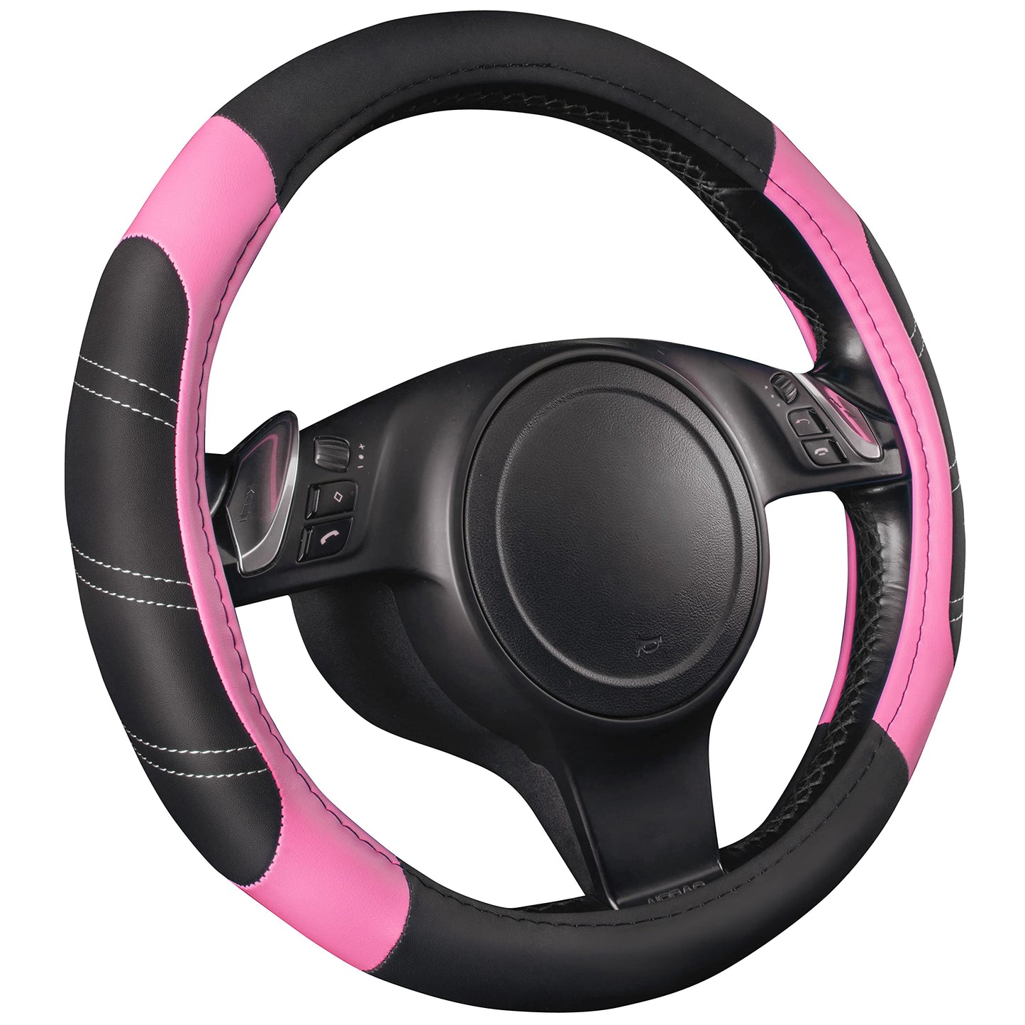 CAR PASS Line Rider Mikrofaser-Leder Sportlicher Lenkradbezug Universal Passend für 95% LKW, SUV, PKW, 36,8-38,1 cm Rutschfest Sicher Bequem Design (Schwarz-Grau)