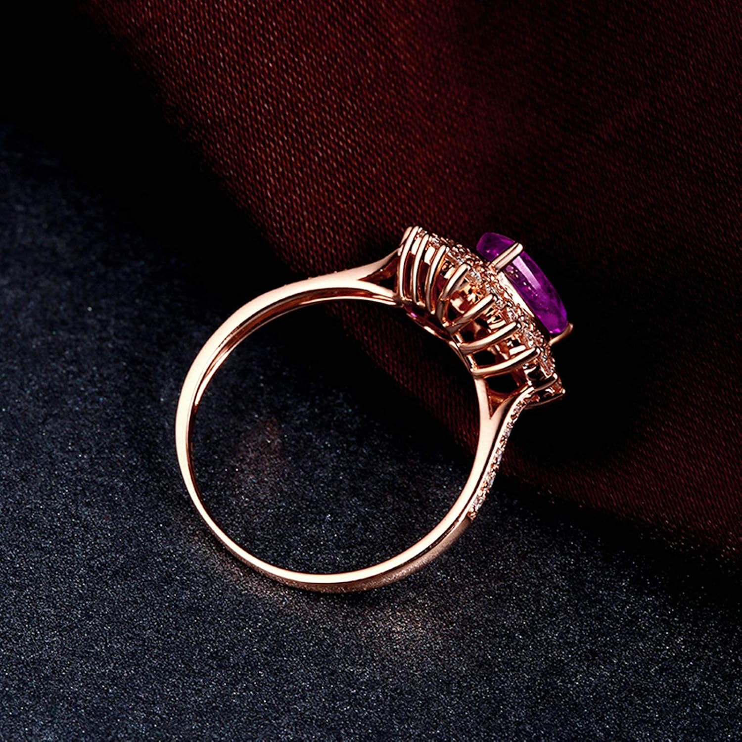 Aienid 18Ct Rose Gold Womens Ring Custom 1.13Ct Heart Shape Amethyst with Round Diamond Wedding Rings for Women