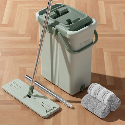JOYMOOP Wischmopp und Eimer mit Auswringsystem, Freihand-Flachmopp und Eimer, mit 3 waschbaren Mikrofaserpads, Nass- und Trockengebrauch, Bodenreinigungssystem