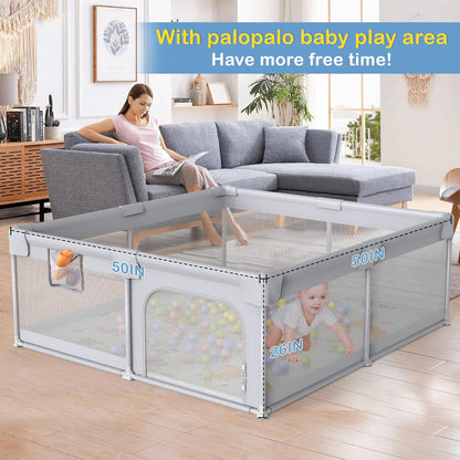 Palopalo Baby Laufgitter, 180x150cm Extra Großer Laufstall für Babys und Kleinkinder, Baby-Aktivitätszentrum mit 8 Saugnapfbasen, Baby-Laufstall mit Tür und weichem, atmungsaktivem Netz, Ohne Matte