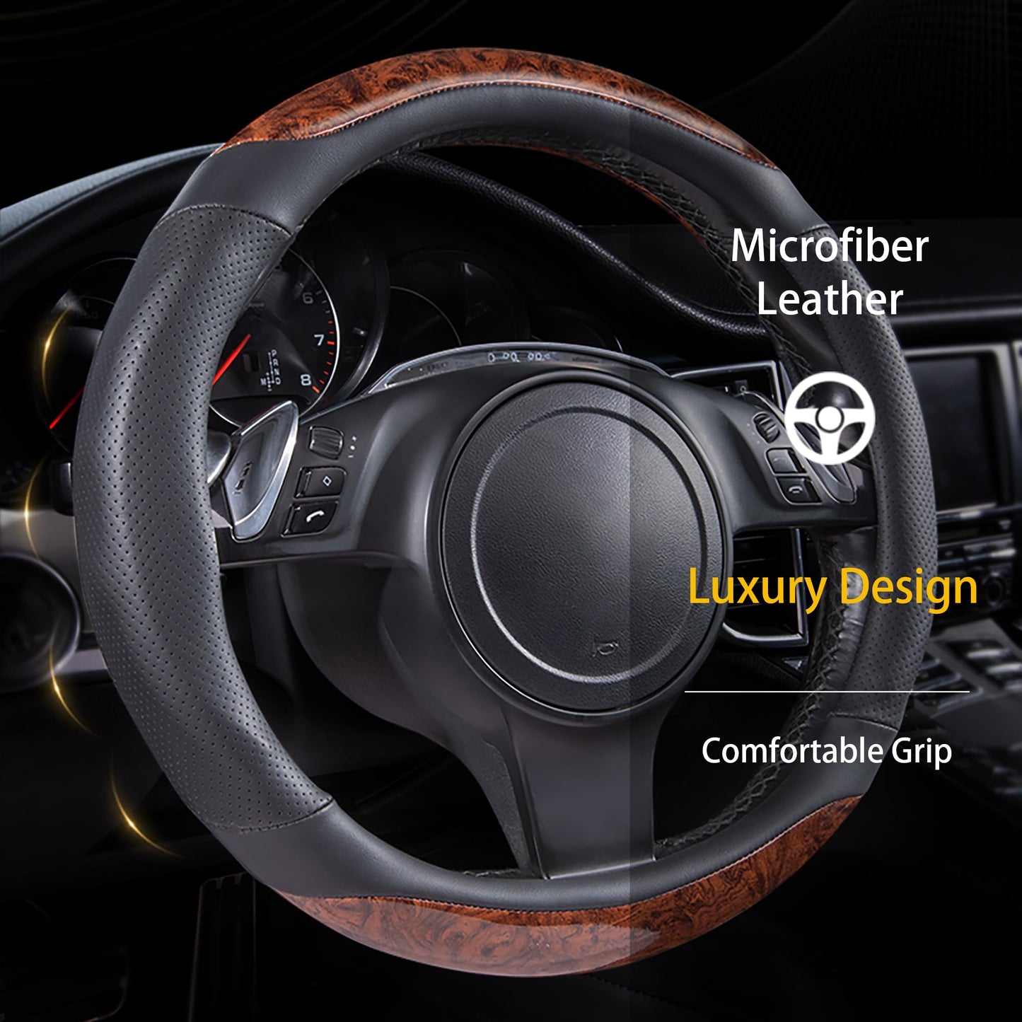 CAR PASS Line Rider Mikrofaser-Leder Sportlicher Lenkradbezug Universal Passend für 95% LKW, SUV, PKW, 36,8-38,1 cm Rutschfest Sicher Bequem Design (Schwarz-Grau)
