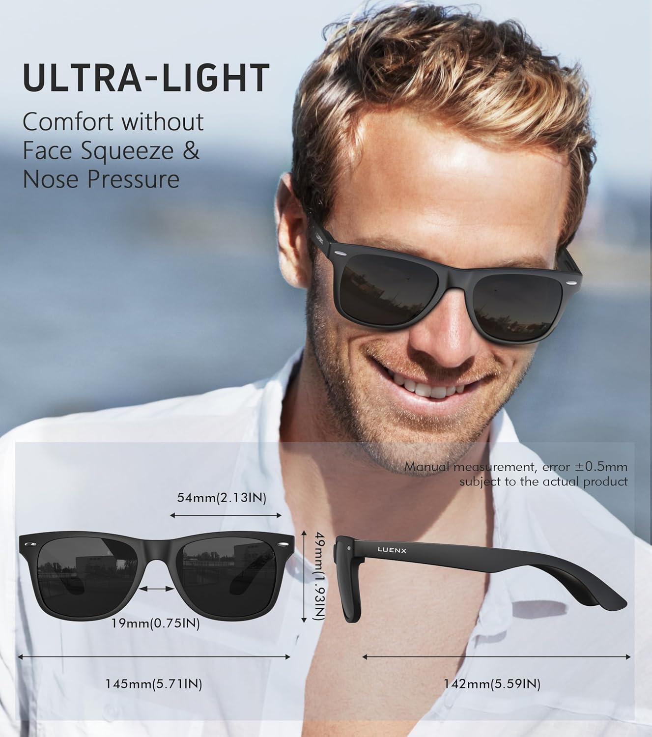 LUENX Polarisierte Sonnenbrillen für Herren und Damen, quadratische Fassung – UV-400-Schutz, 54 mm