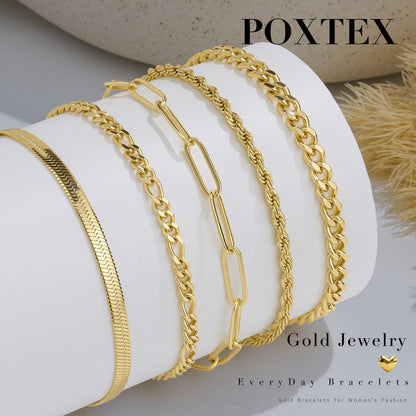 Goldarmbänder für Frauen Stapel Nicht Anlaufen, 14K Vergoldete Stapelbare Armbänder Set für Frauen Trendy, Wasserdicht Einfacher Schmuck Sets Geschenke Inklusive Perlen-/Kuban-/Büroklammer-/Fischgräten-/Seilglieder-Kette, Modeaccessoires
