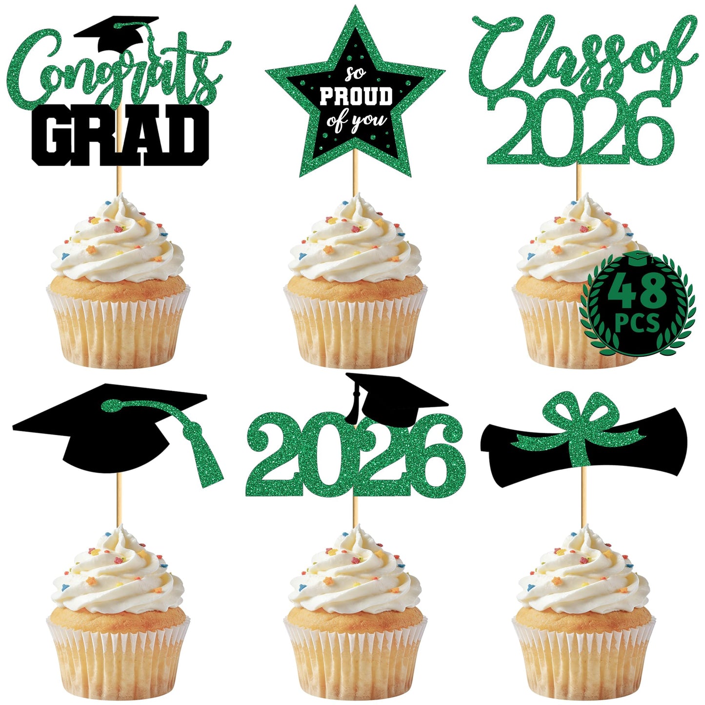 48 PCS Graduation Cupcake Toppers, 6 Styles Congrats Grad Cake Topper, Black and Gold Graduation Decorations 2026, Glittery Cap and Diploma Cake Picks for Grad Party Decor Supplies