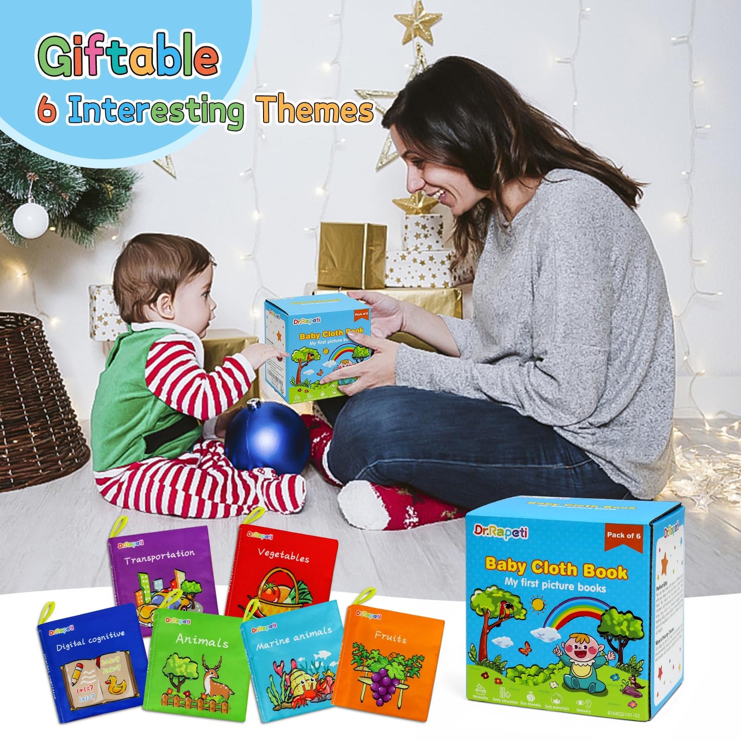 Dr.Rapeti Stoffbücher Babybücher Badebücher 6er-Pack für Babys Kleinkinder Kinder Raschelnd Quietschend Waschbar Beißfest Ungiftig Frühpädagogisch Geschenkbar