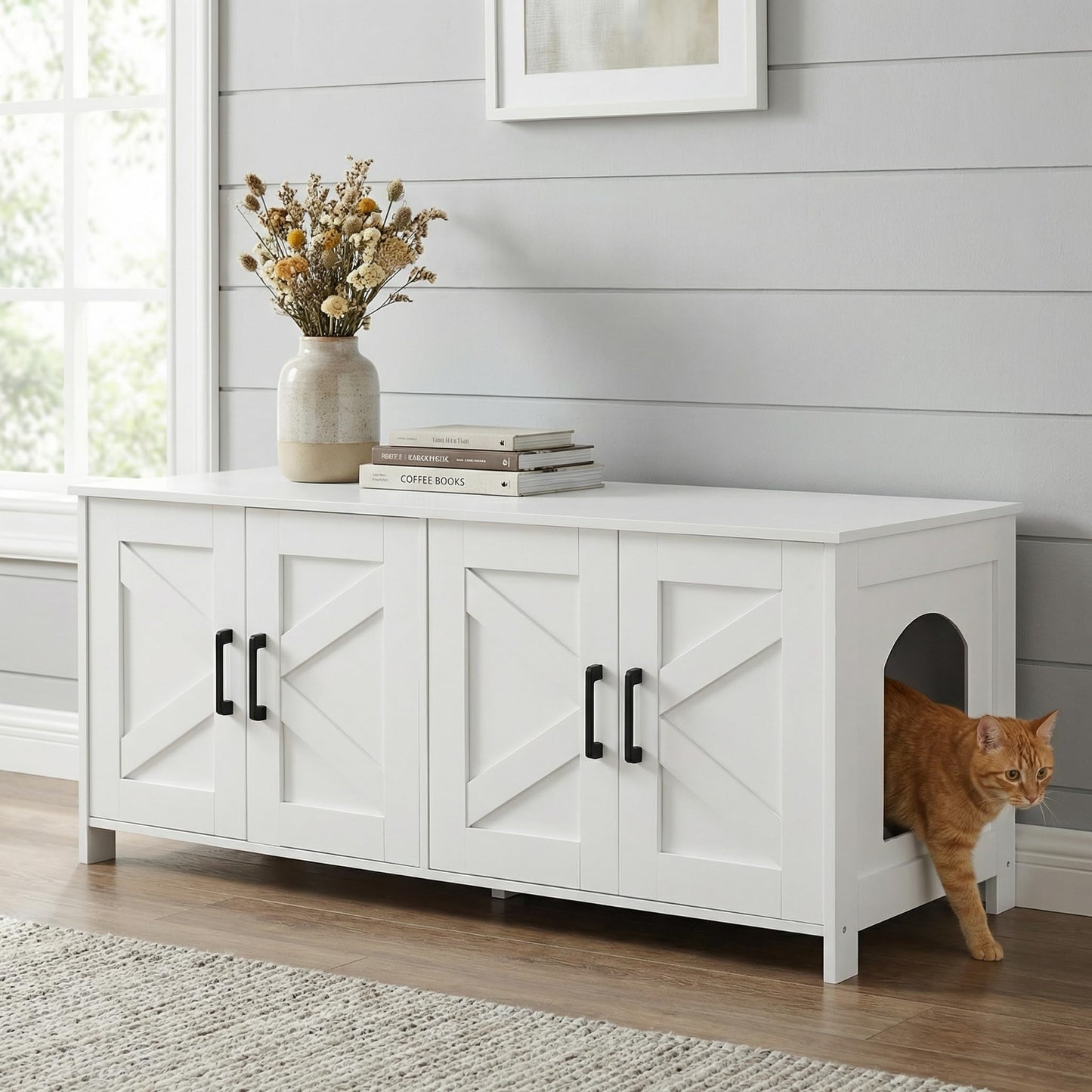 Homhedy Cat Litter Box Enclosure, Wooden Cat Washroom Furniture with Barn Door, Pet House, Fit Most of Litter Box, White